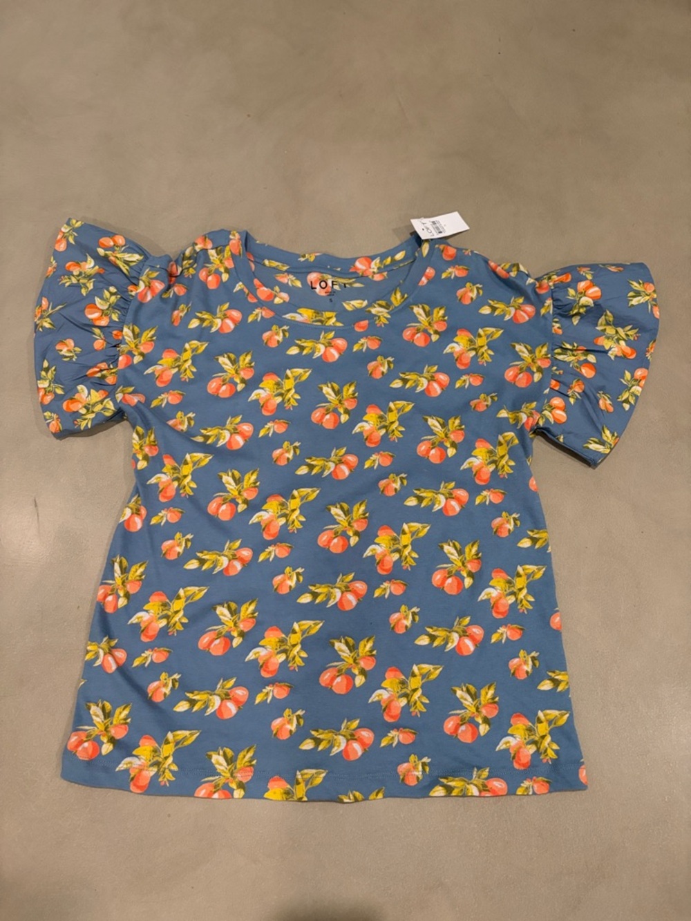 LOFT Blue Short Sleeve Tee with Orange Peach Print